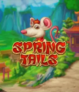 A charming illustration of a mouse wearing a red traditional Chinese outfit positioned in front of a picturesque mountain backdrop. The image represents the Spring Tails Slot by Betsoft, showcased with prominent red and gold logo text.